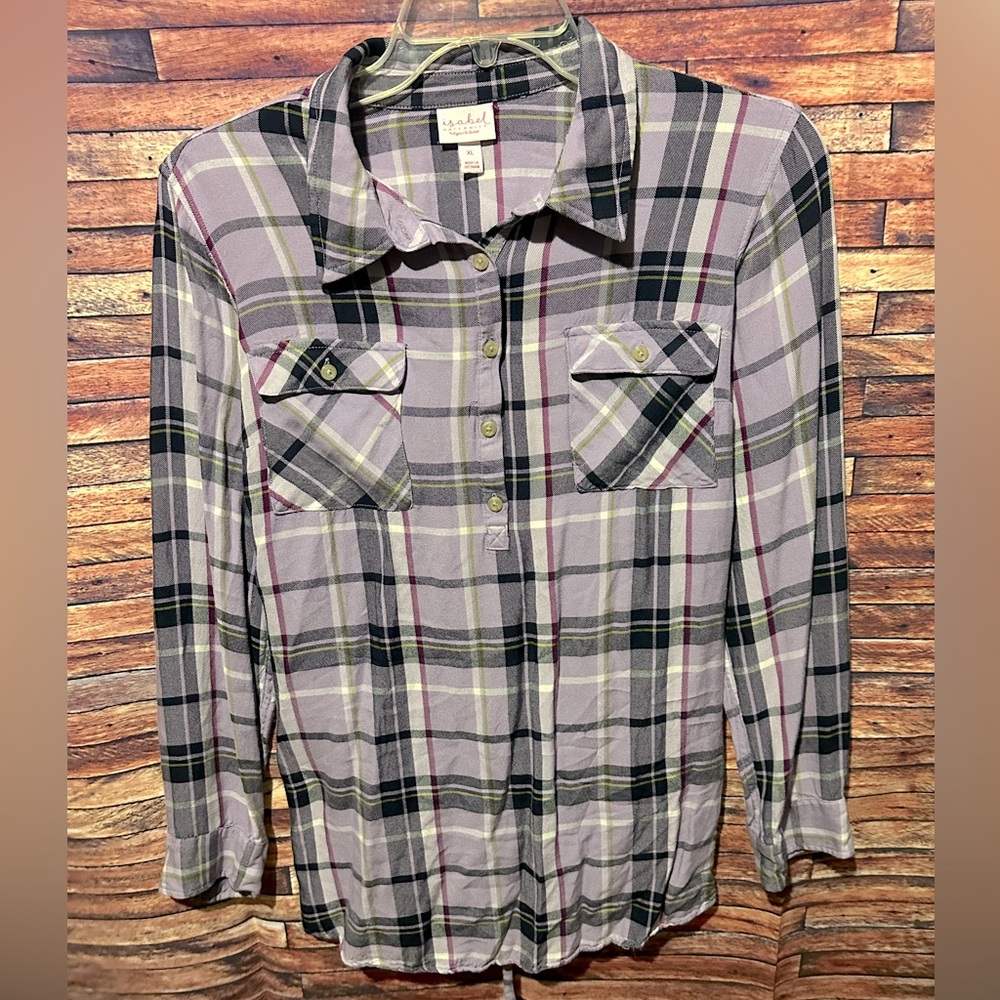 Isabel Maternity Purple & Black Plaid Button Down Blouse
